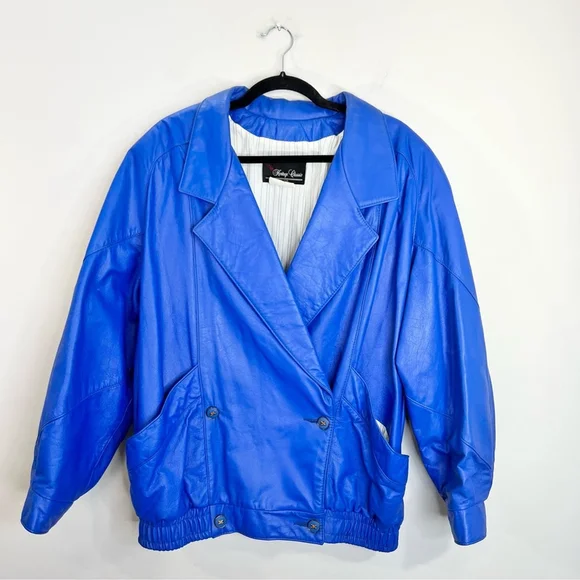 Vintage 80s genuine leather blue padded shoulder batwing bomber pant suit set 14 - Picture 5 of 17